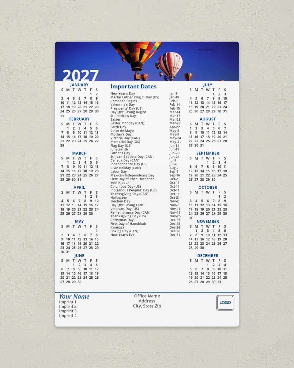 This is a 5½" x 8½" Full Magnet Calendar called Hot Air Balloon Banner printed in full color with a Standard Gloss finish