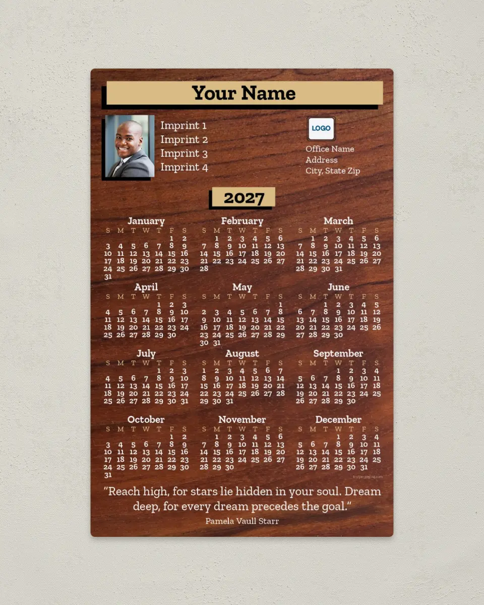 This is a 5½" x 8½" Full Magnet Calendar called Natural Wood Grain printed in full color with a Standard Gloss finish