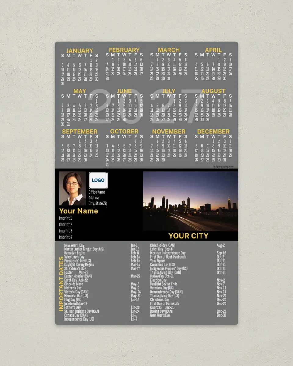 This is a 5½" x 8½" Full Magnet Calendar called City Twilight printed in full color with a Standard Gloss finish