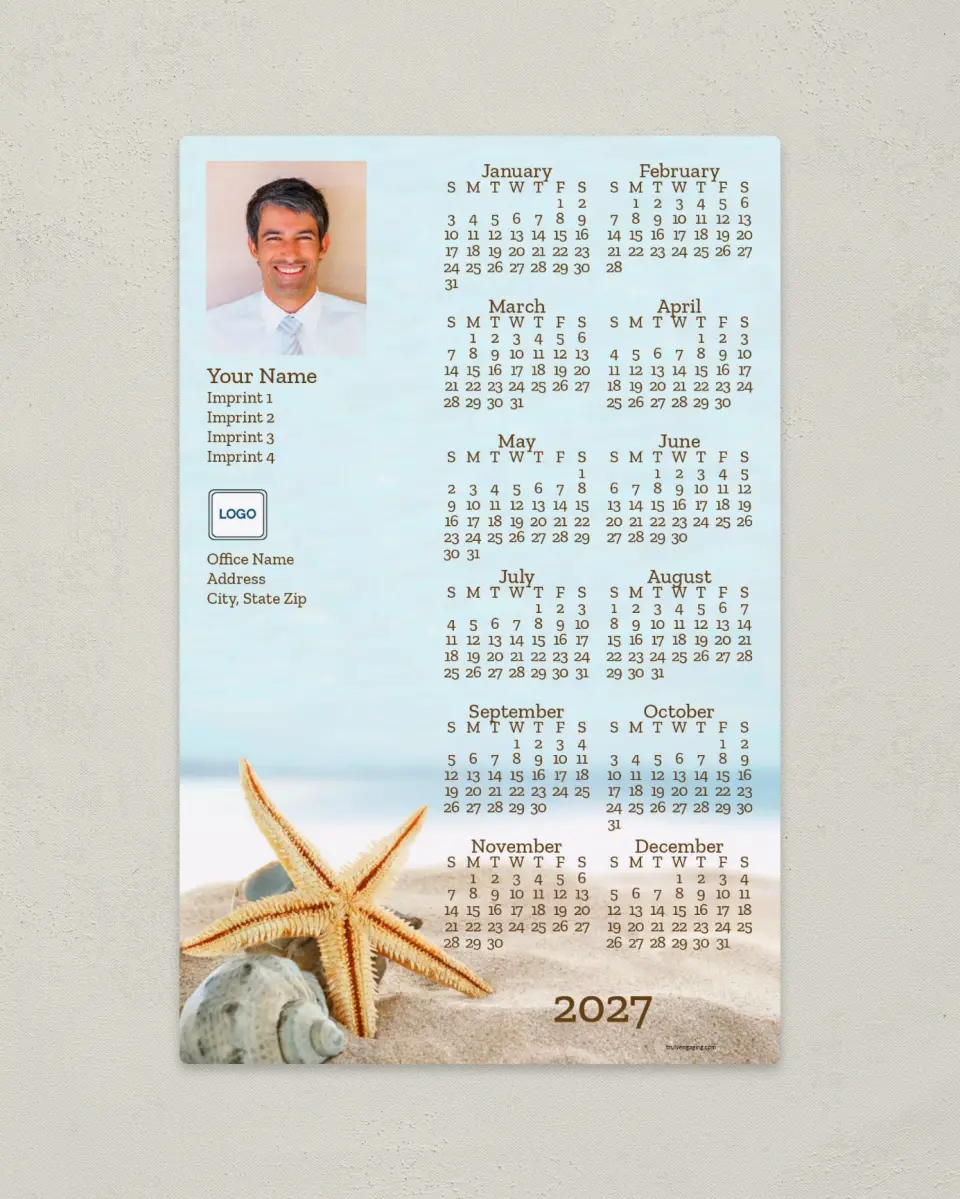 This is a 5½" x 8½" Full Magnet Calendar called Seashells and Starfish printed in full color with a Standard Gloss finish