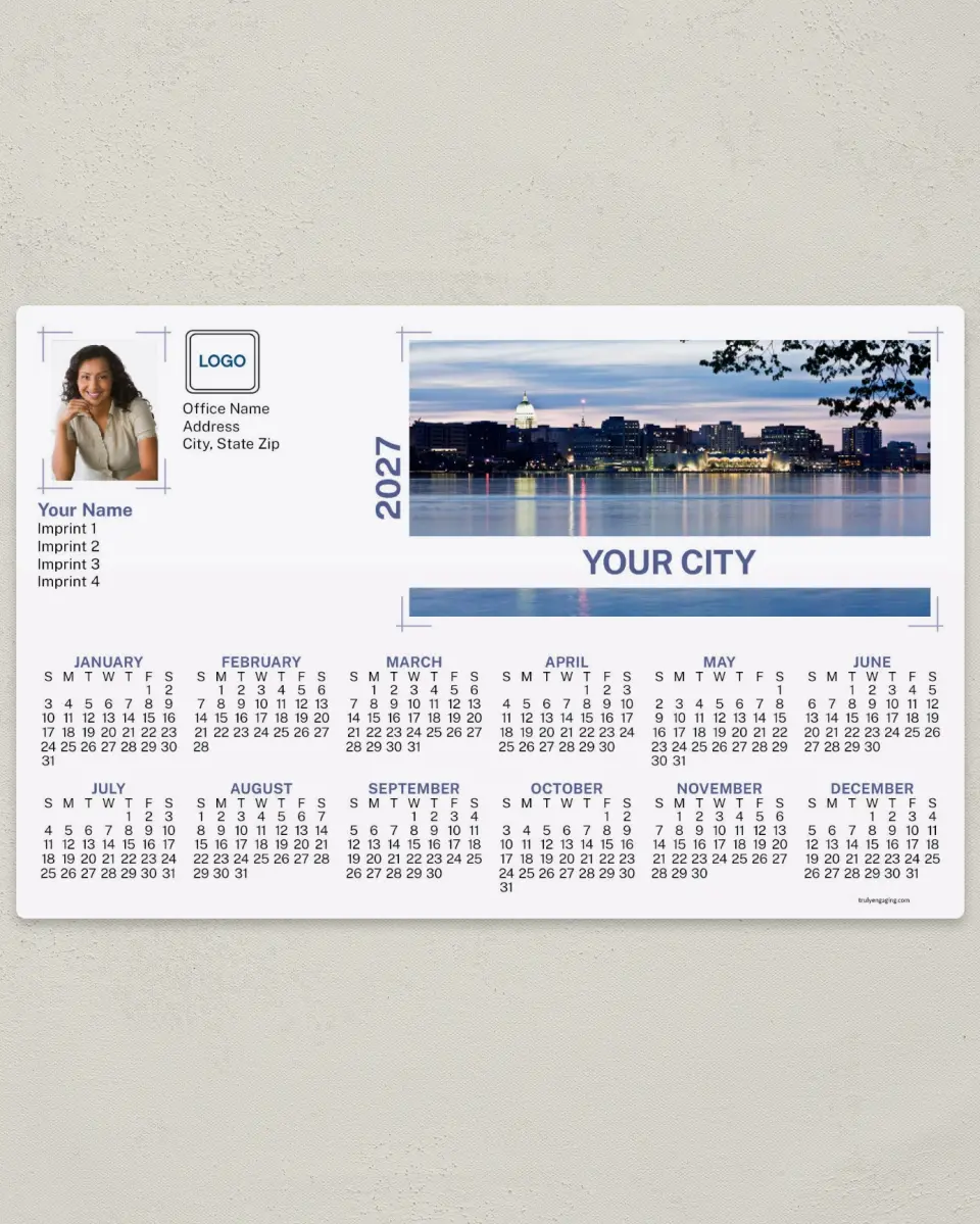 This is a 5½" x 8½" Full Magnet Calendar called Contemporary Skyline printed in full color with a Standard Gloss finish