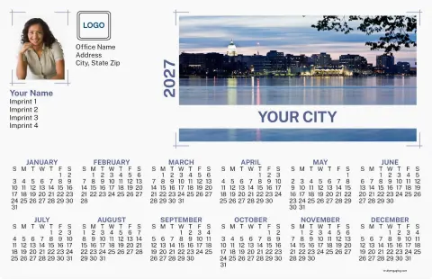 This is a 5½" x 8½" Full Magnet Calendar called Contemporary Skyline printed in full color with a Standard Gloss finish