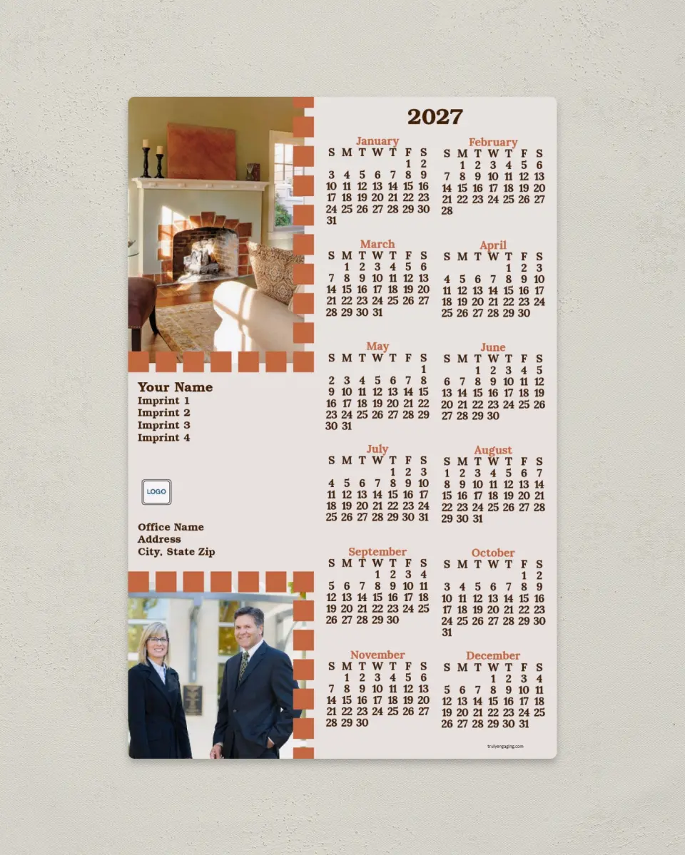 This is a 5½" x 8½" Full Magnet Calendar called Inviting Fireplace printed in full color with a Standard Gloss finish