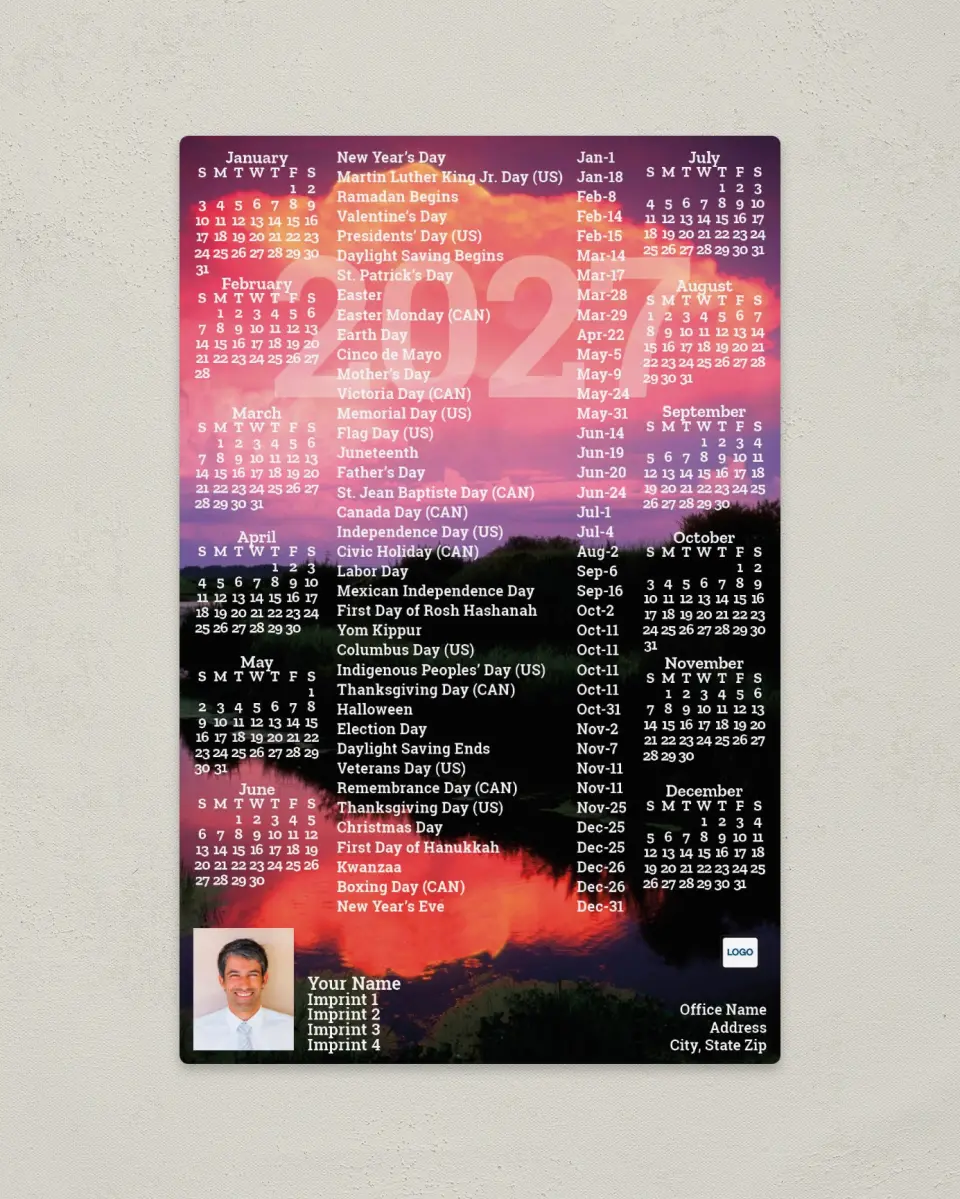 This is a 5½" x 8½" Full Magnet Calendar called Sunset Over Water printed in full color with a Standard Gloss finish