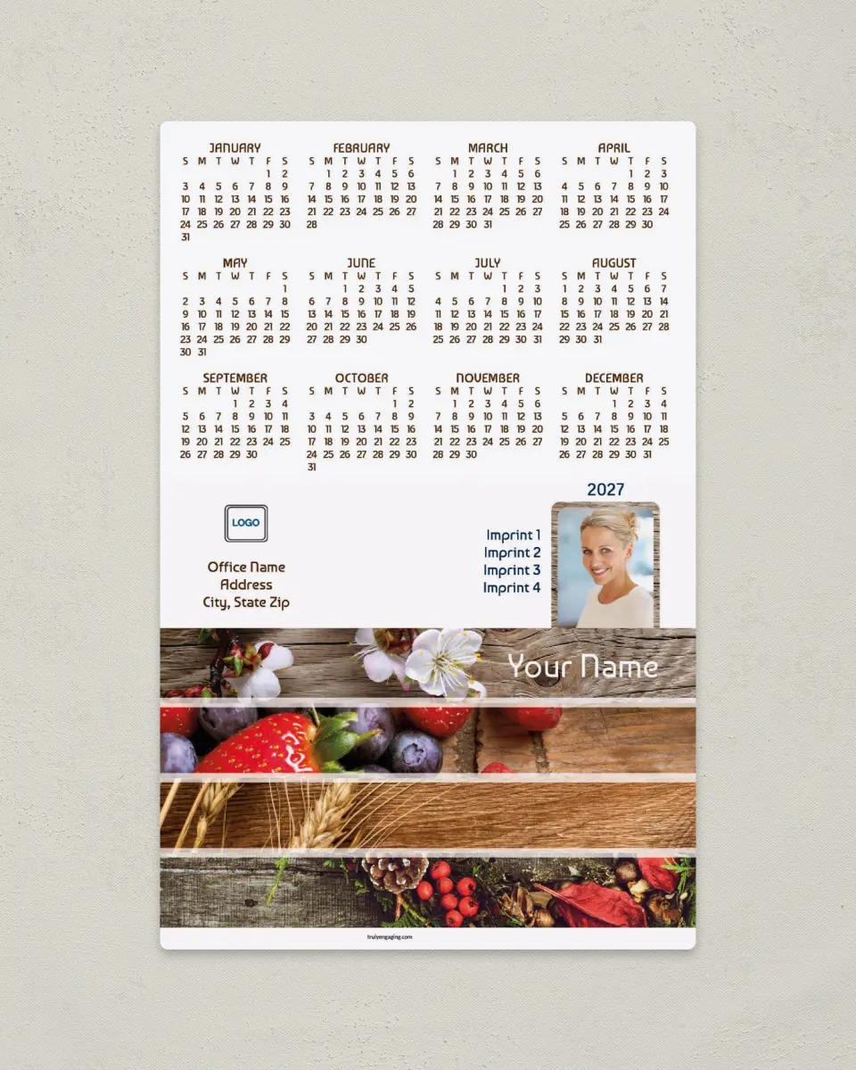 This is a 5½" x 8½" Full Magnet Calendar called Rustic Seasons printed in full color with a Standard Gloss finish