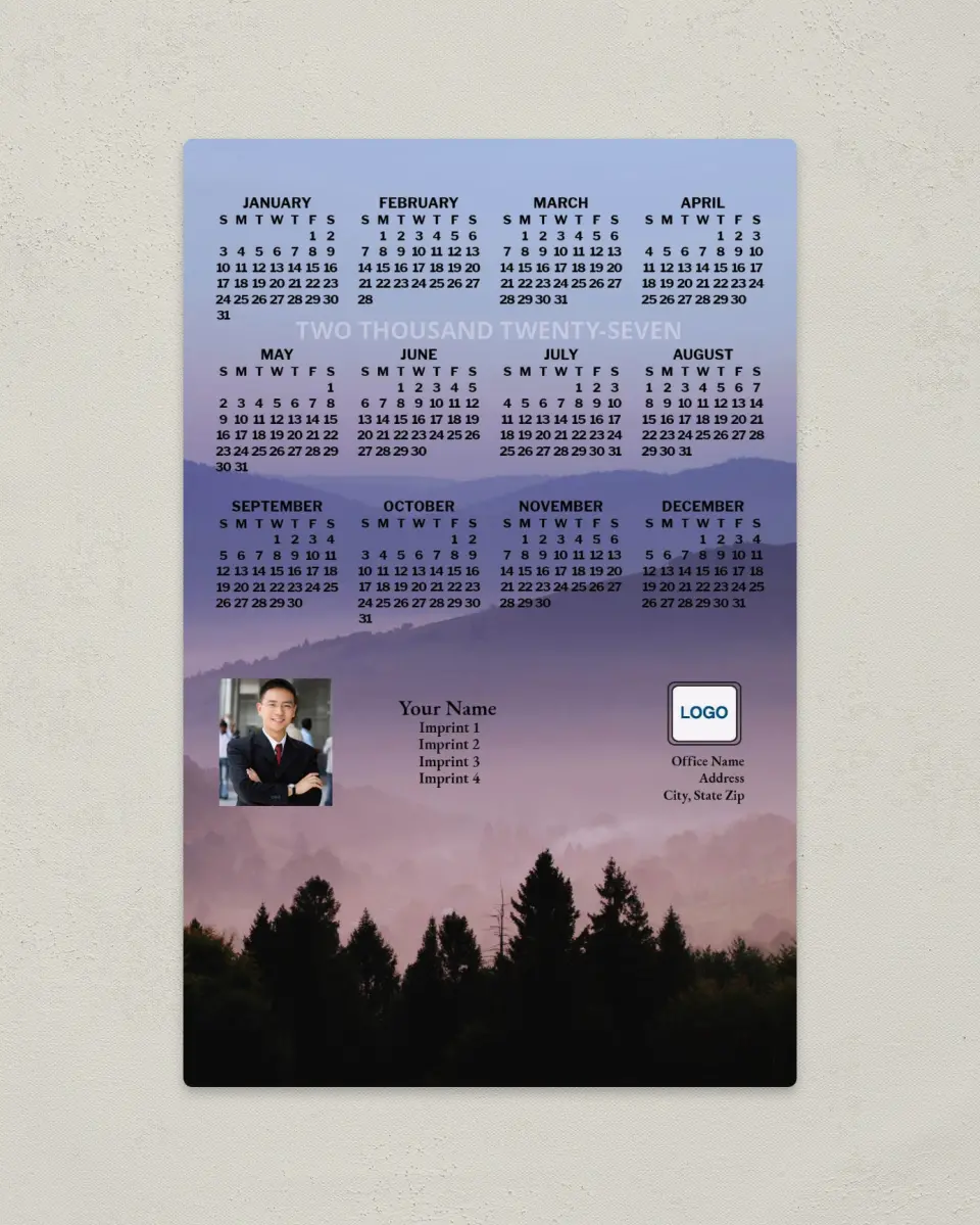 This is a 5½" x 8½" Full Magnet Calendar called Mountains at Dawn printed in full color with a Standard Gloss finish
