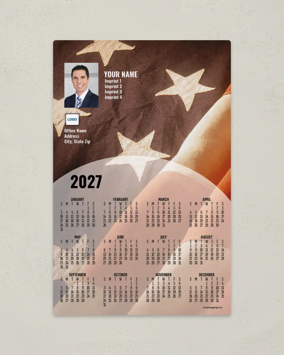 This is a 5½" x 8½" Full Magnet Calendar called Old Glory printed in full color with a Standard Gloss finish