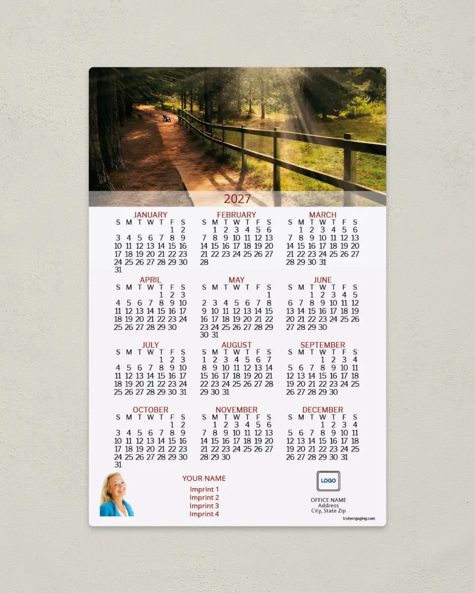 This is a 5½" x 8½" Full Magnet Calendar called Sunlit Trail printed in full color with a Standard Gloss finish