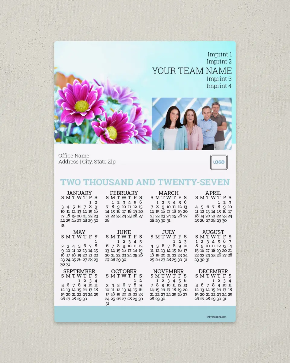 This is a 5½" x 8½" Full Magnet Calendar called First Bloom printed in full color with a Standard Gloss finish
