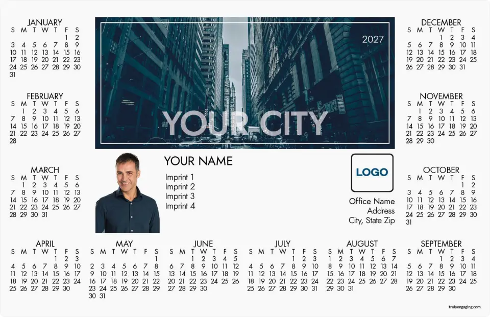 This is a 5½" x 8½" Full Magnet Calendar called City View printed in full color with Silver foil and a Soft Touch finish