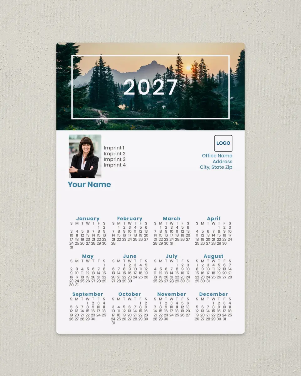 This is a 5½" x 8½" Full Magnet Calendar called Mountain Sunset printed in full color with a Standard Gloss finish