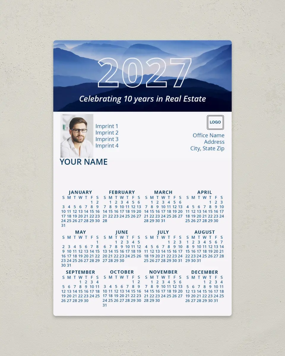 This is a 5½" x 8½" Full Magnet Calendar called Mountain Haze printed in full color with a Standard Gloss finish