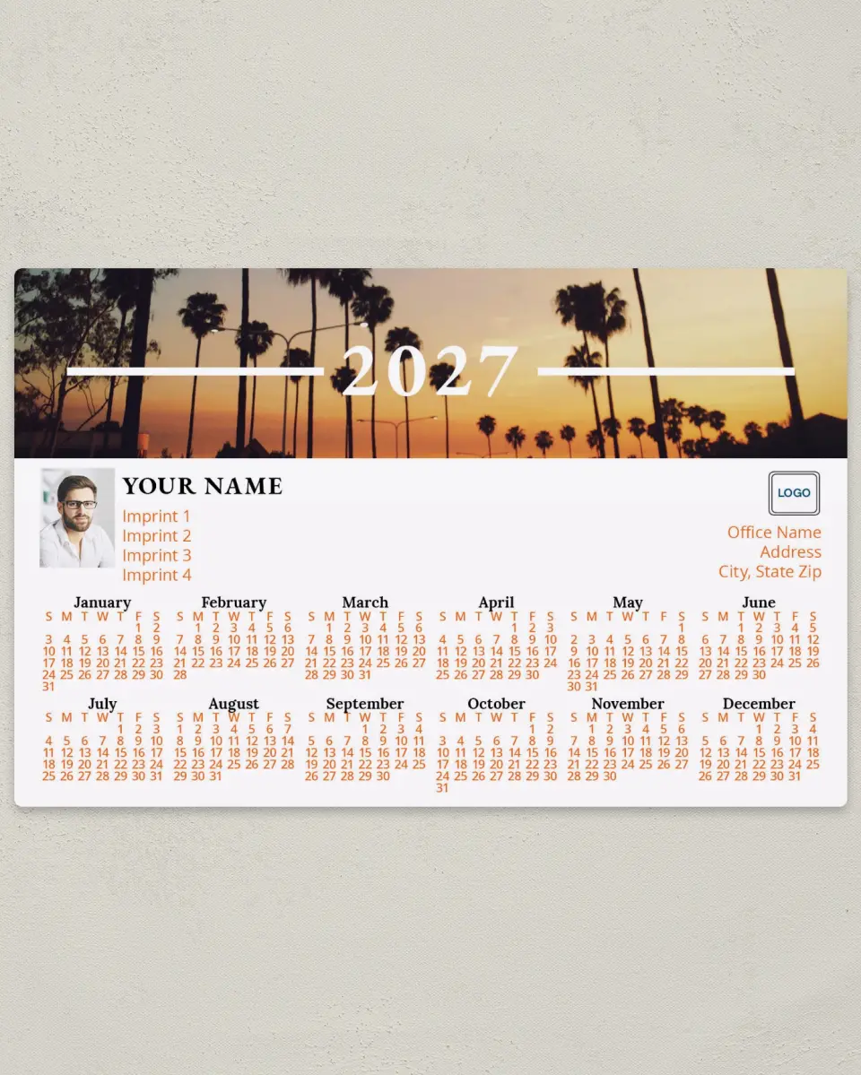 This is a 5½" x 8½" Full Magnet Calendar called Sunset Palm printed in full color with a Standard Gloss finish