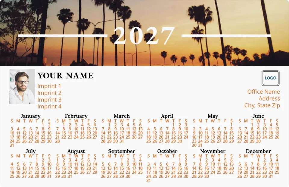 This is a 5½" x 8½" Full Magnet Calendar called Sunset Palm printed in full color with Silver foil and a Soft Touch finish