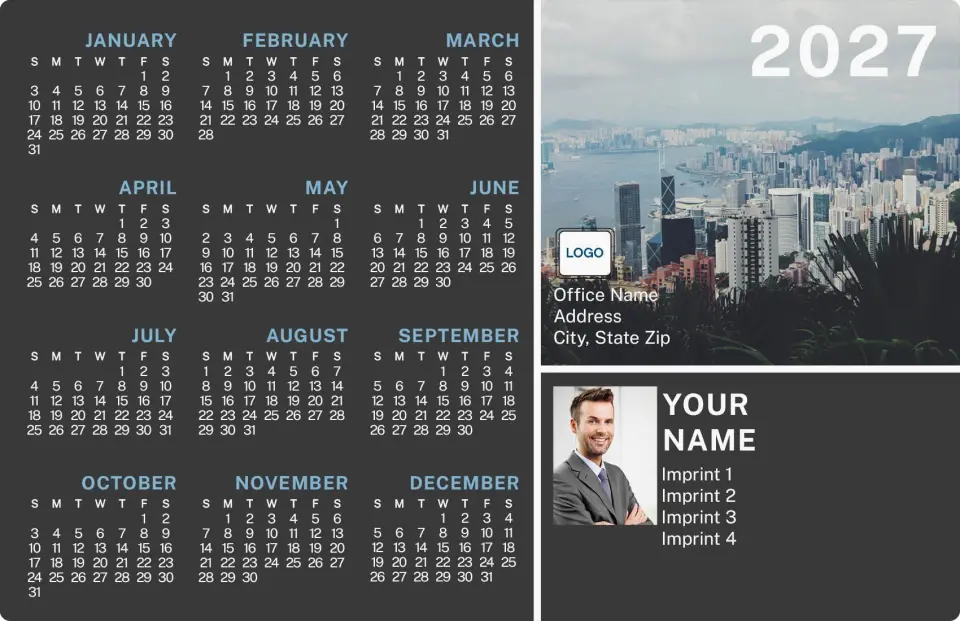 This is a 5½" x 8½" Full Magnet Calendar called City Outlook printed in full color with Silver foil and a Soft Touch finish