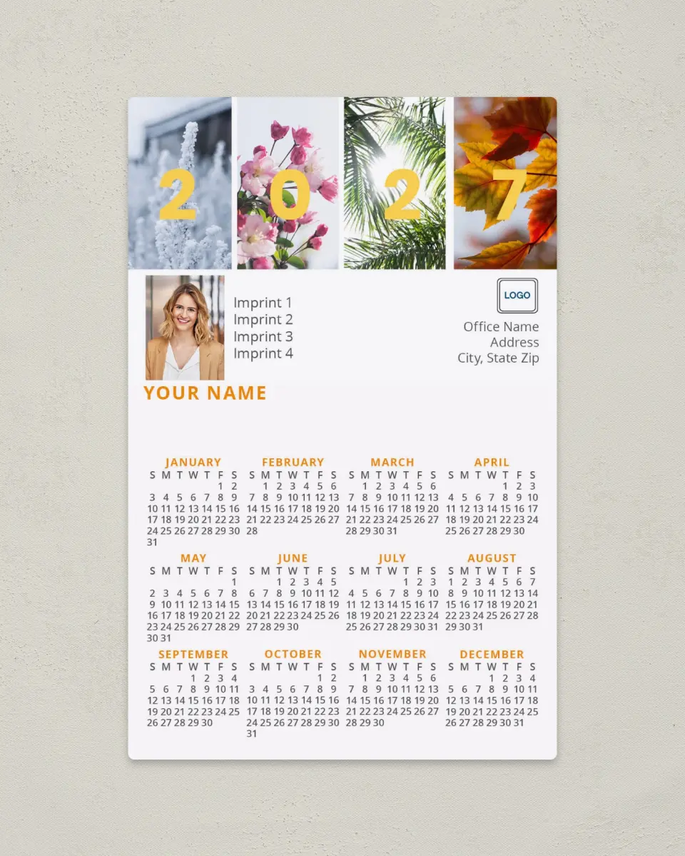 This is a 5½" x 8½" Full Magnet Calendar called Seasons Captured printed in full color with a Standard Gloss finish