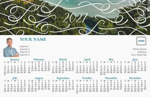 This is a 5½" x 8½" Full Magnet Calendar called Scenic Filigree printed in full color with a Standard Gloss finish