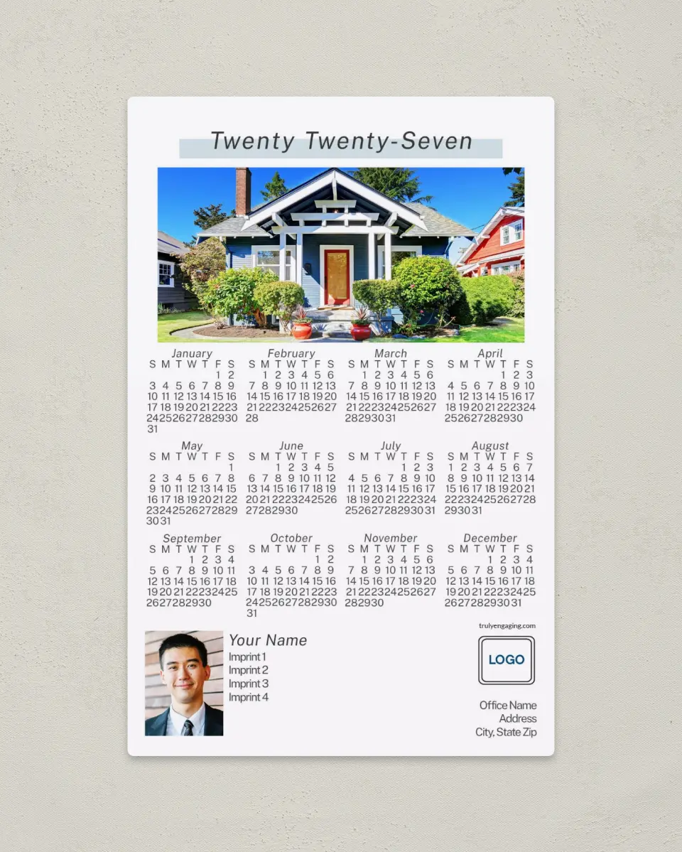 This is a 5½" x 8½" Full Magnet Calendar called Curbside Charm printed in full color with a Standard Gloss finish