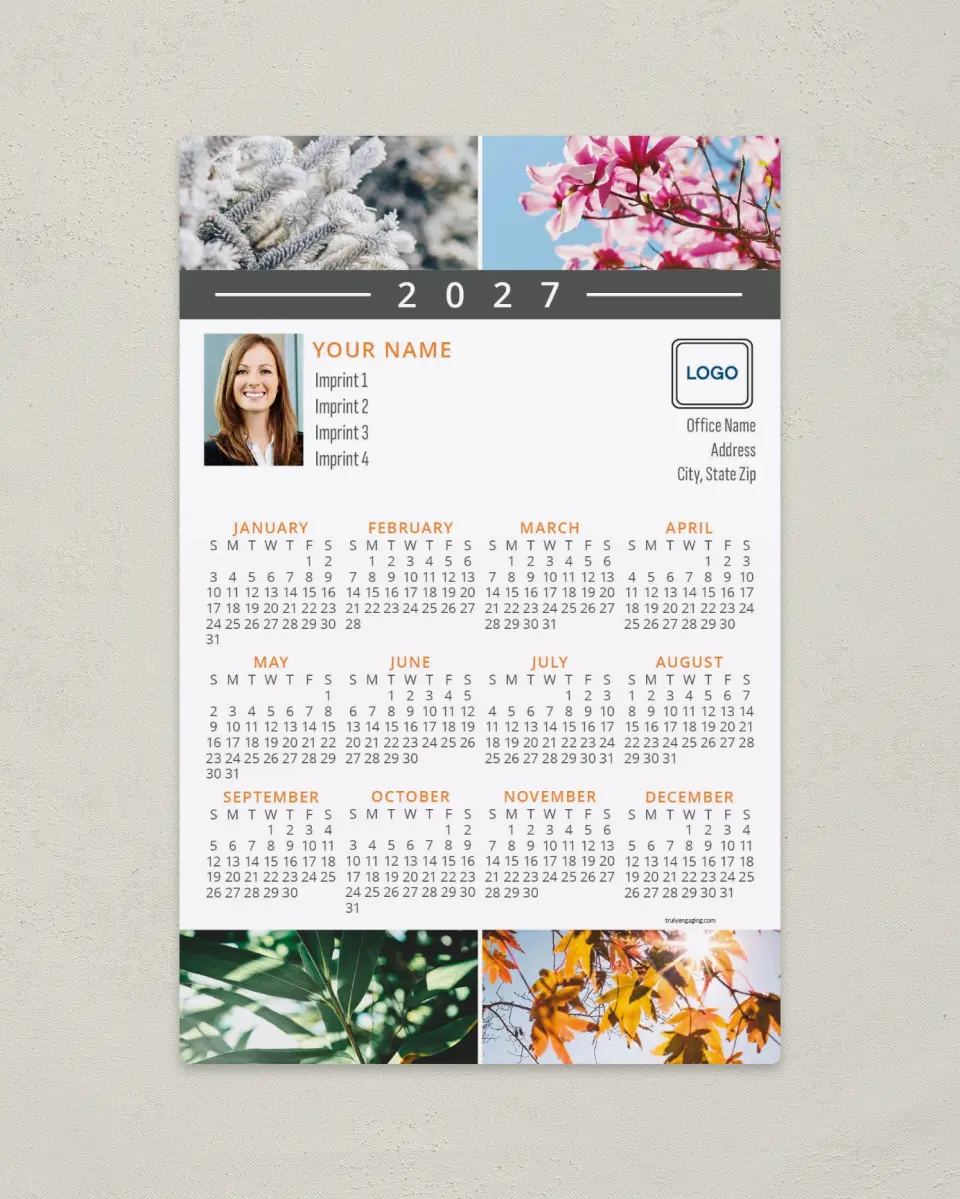 This is a 5½" x 8½" Full Magnet Calendar called Seasonal Bliss printed in full color with a Standard Gloss finish