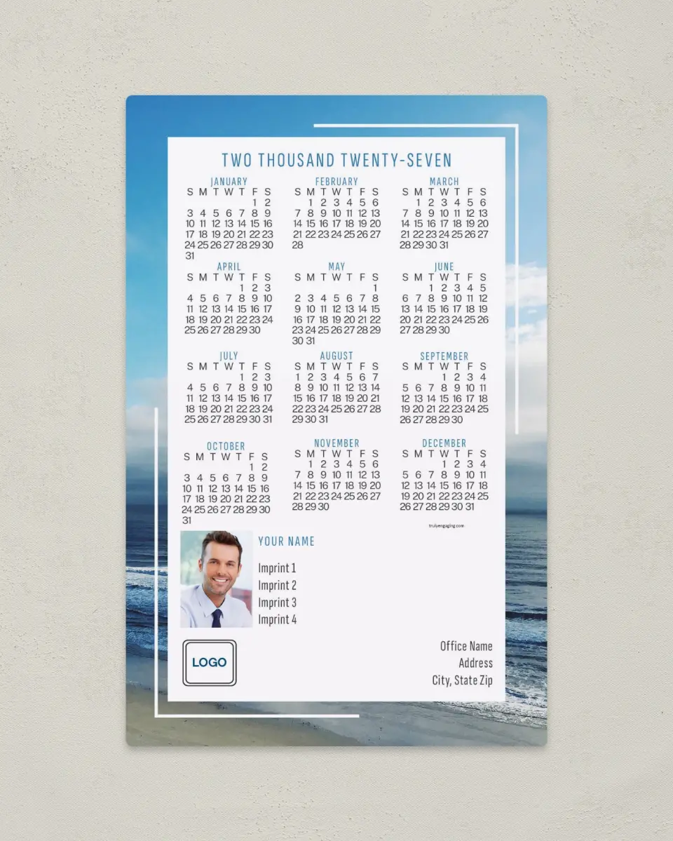 This is a 5½" x 8½" Full Magnet Calendar called Serene Sea printed in full color with a Standard Gloss finish