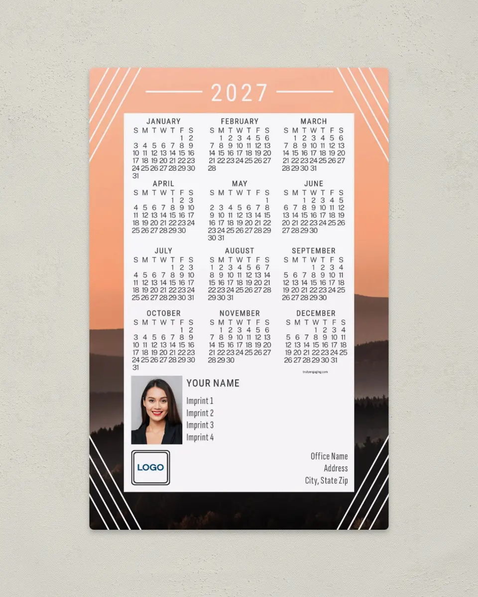 This is a 5½" x 8½" Full Magnet Calendar called Bright Mountainscape printed in full color with a Standard Gloss finish