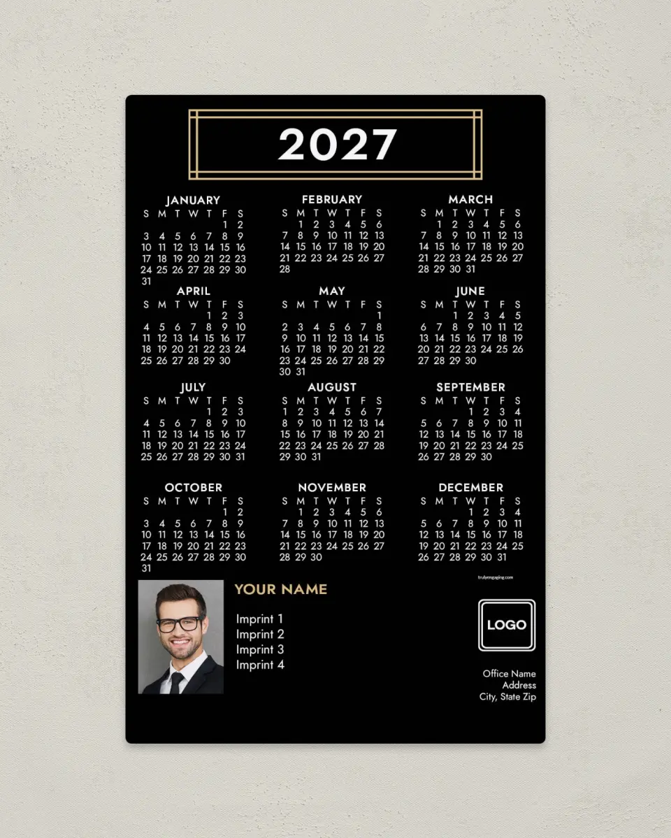 This is a 5½" x 8½" Full Magnet Calendar called Framed in Gold printed in full color with a Standard Gloss finish