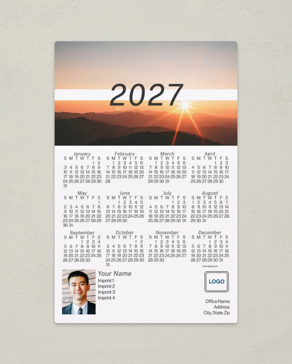 This is a 5½" x 8½" Full Magnet Calendar called Rustic Sunrise printed in full color with a Standard Gloss finish