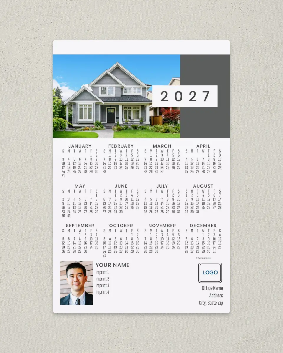 This is a 5½" x 8½" Full Magnet Calendar called Suburban Charm printed in full color with a Standard Gloss finish