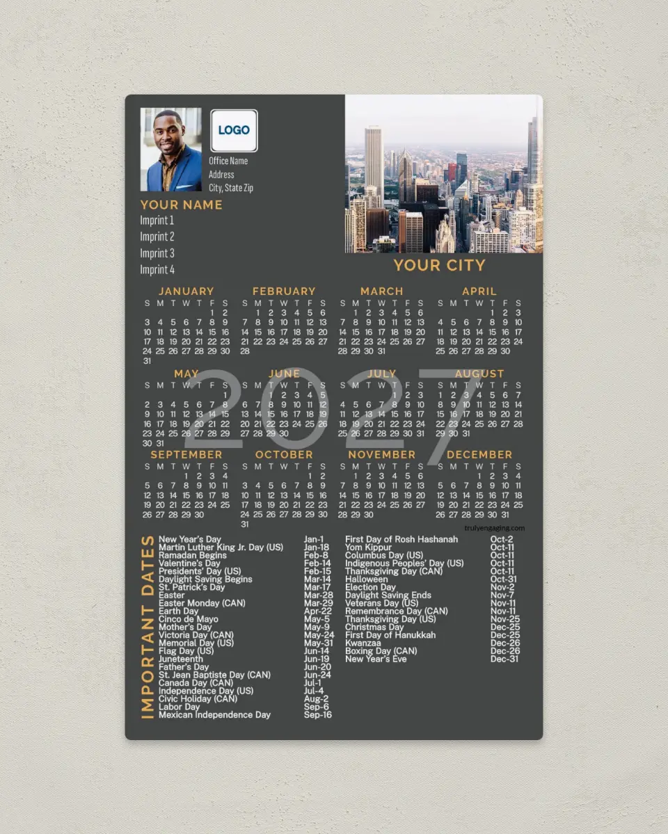 This is a 5½" x 8½" Full Magnet Calendar called Simple City printed in full color with a Standard Gloss finish
