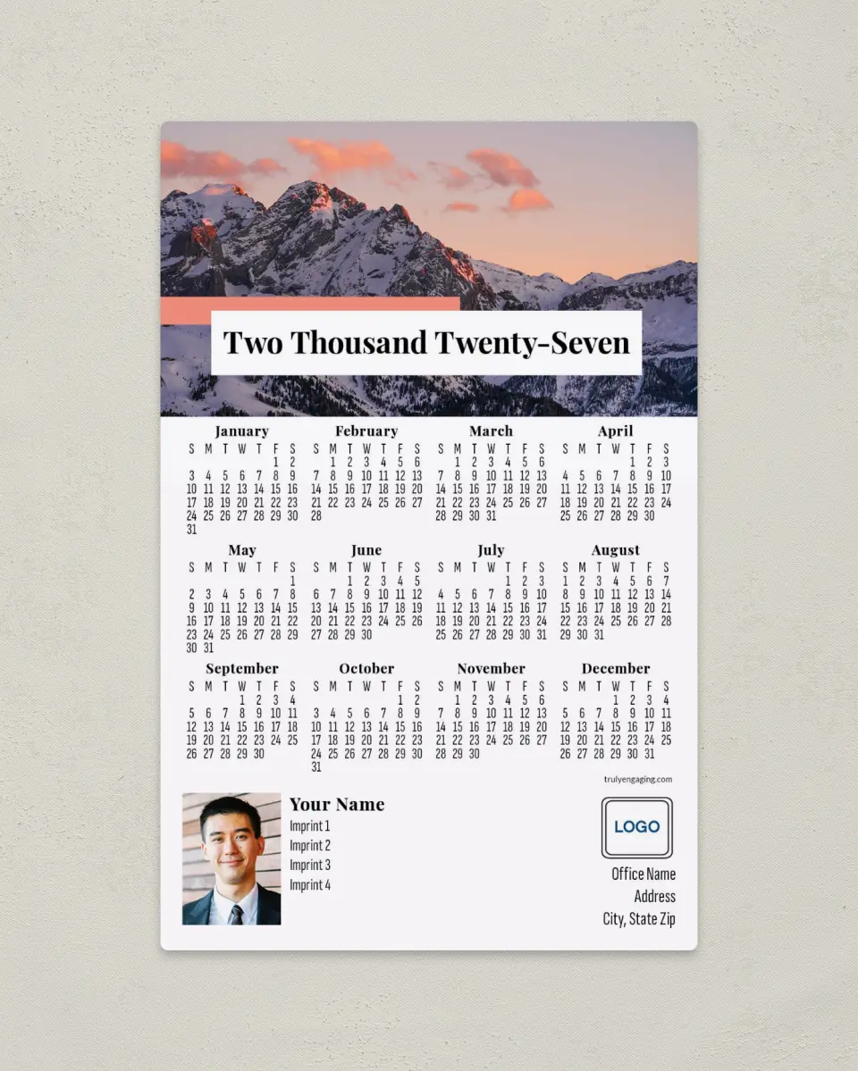 This is a 5½" x 8½" Full Magnet Calendar called Mountain Vista printed in full color with a Standard Gloss finish