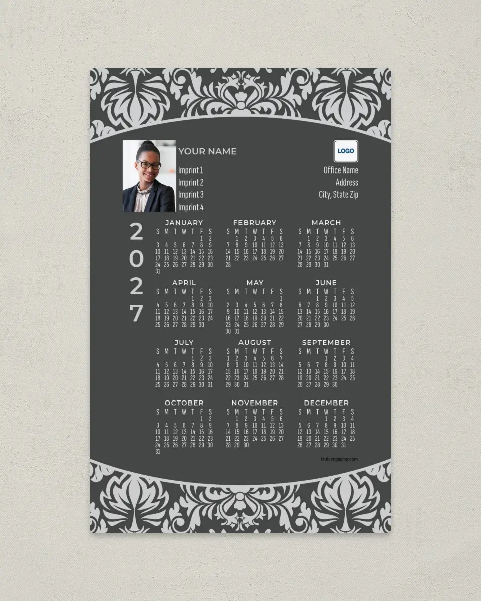 This is a 5½" x 8½" Full Magnet Calendar called Formal Motif printed in full color with a Standard Gloss finish