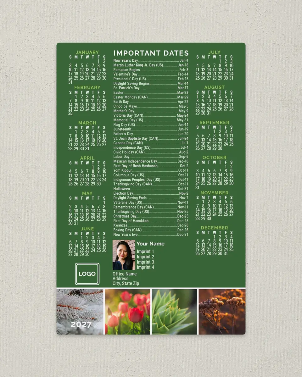 This is a 5½" x 8½" Full Magnet Calendar called Seasonal Charm printed in full color with a Standard Gloss finish