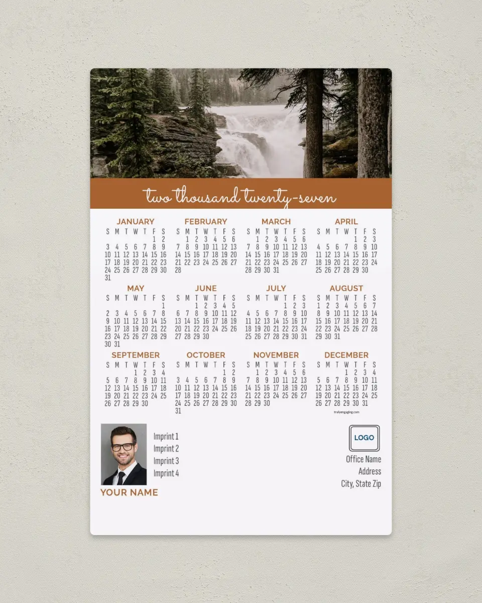 This is a 5½" x 8½" Full Magnet Calendar called Woodland Falls printed in full color with a Standard Gloss finish