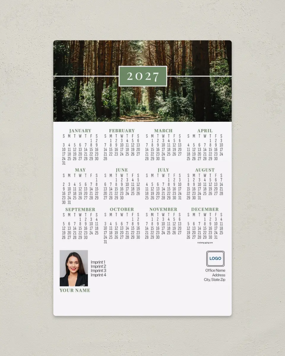 This is a 5½" x 8½" Full Magnet Calendar called Pine Forest printed in full color with a Standard Gloss finish