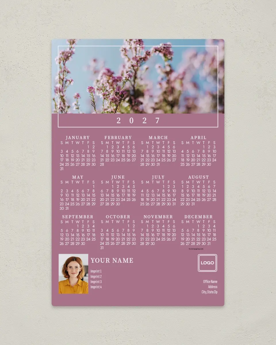 This is a 5½" x 8½" Full Magnet Calendar called Bordered Blossom printed in full color with a Standard Gloss finish