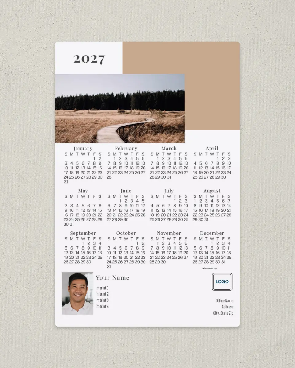 This is a 5½" x 8½" Full Magnet Calendar called Modern Path printed in full color with a Standard Gloss finish