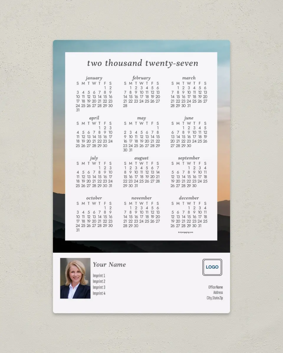 This is a 5½" x 8½" Full Magnet Calendar called Subtle Sunrise printed in full color with a Standard Gloss finish