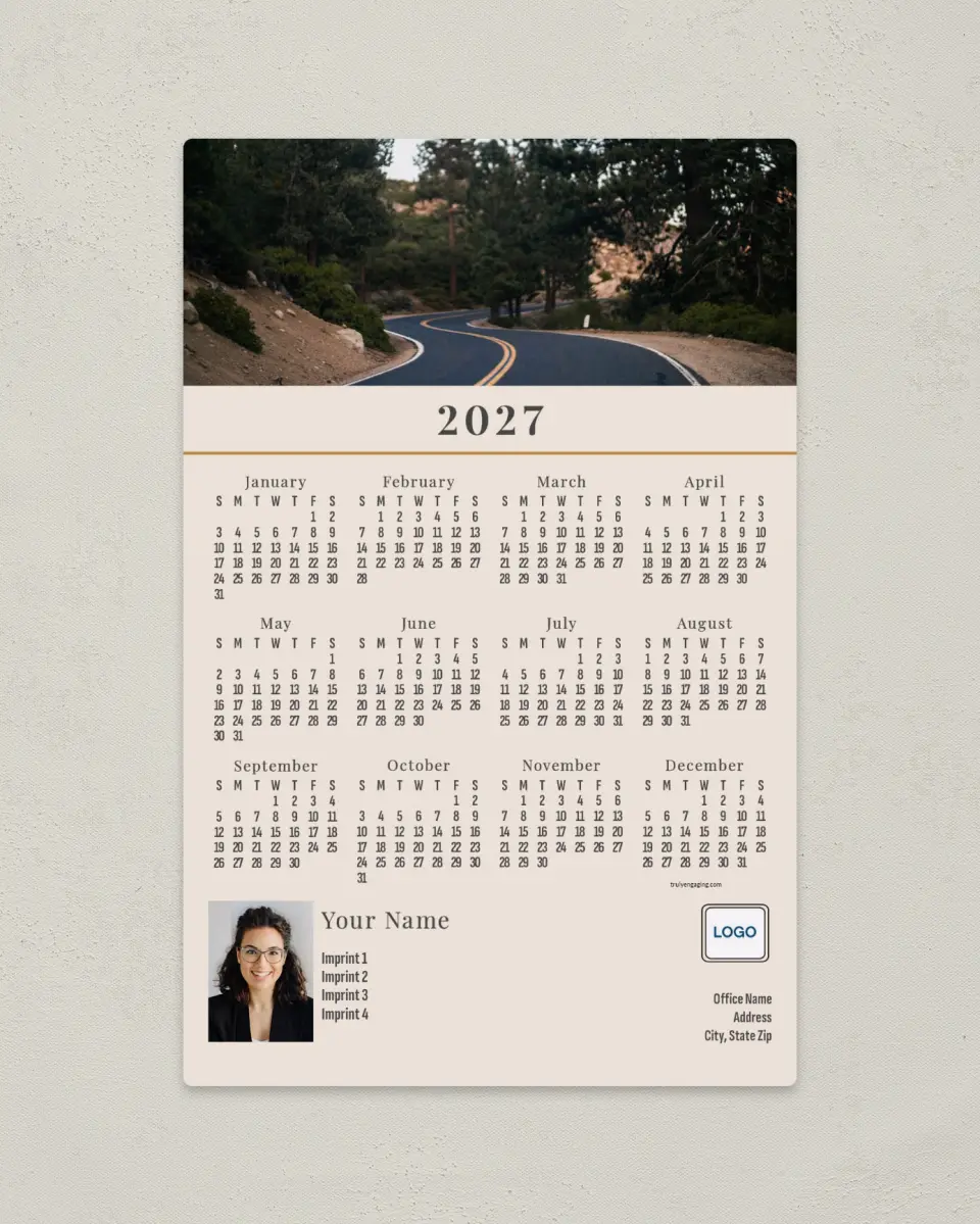 This is a 5½" x 8½" Full Magnet Calendar called On the Road printed in full color with a Standard Gloss finish