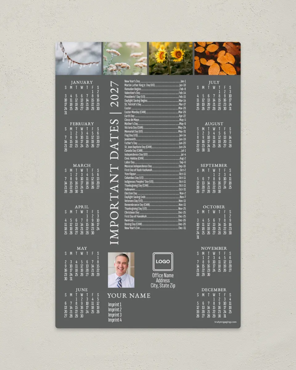 This is a 5½" x 8½" Full Magnet Calendar called Seasonal Dates printed in full color with a Standard Gloss finish