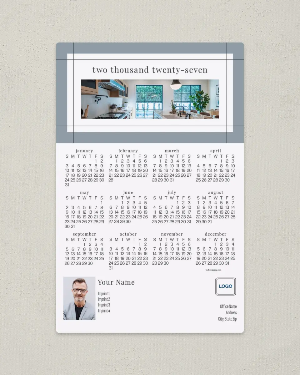 This is a 5½" x 8½" Full Magnet Calendar called Clean Border printed in full color with a Standard Gloss finish