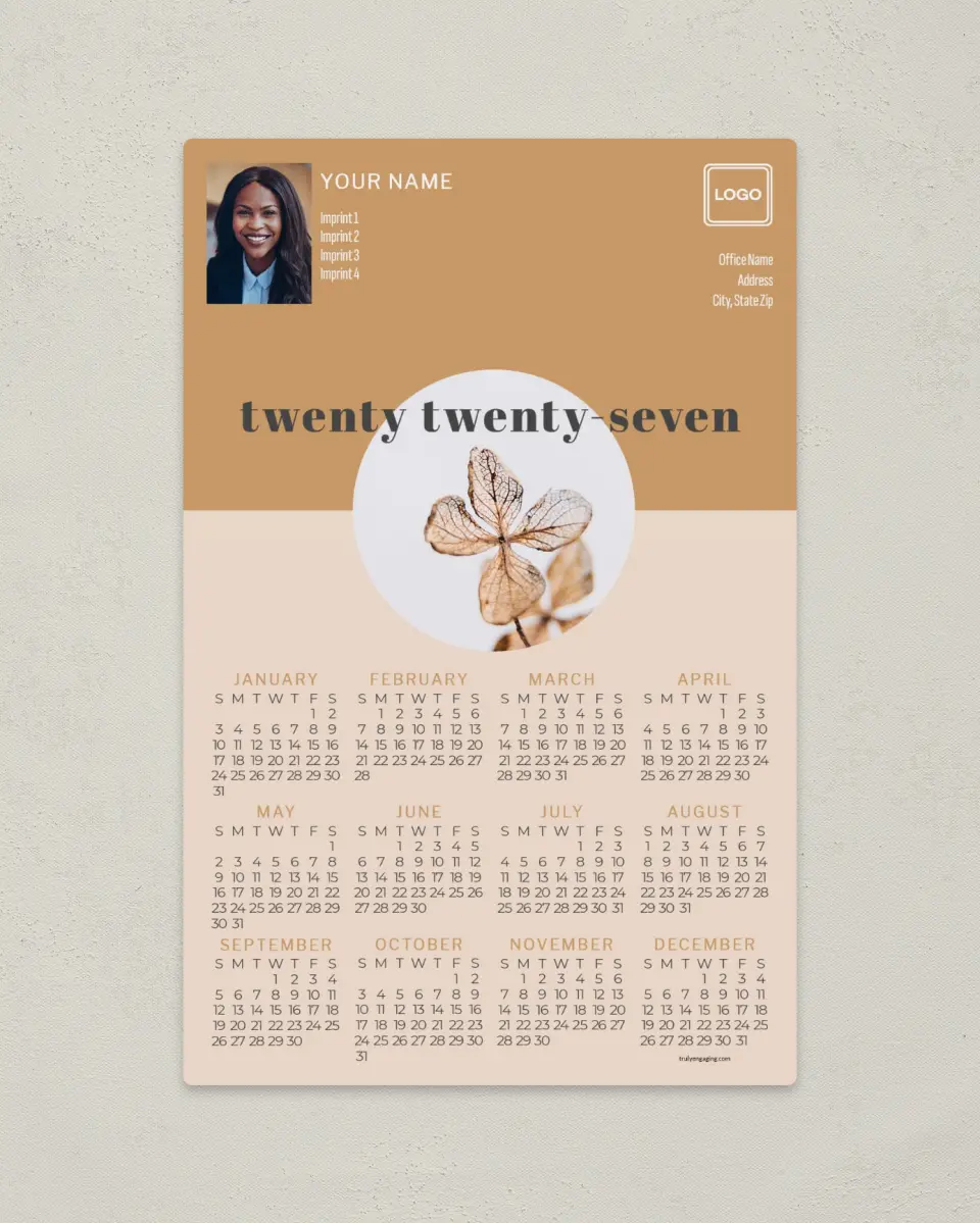 This is a 5½" x 8½" Full Magnet Calendar called Delicate Leaf printed in full color with a Standard Gloss finish