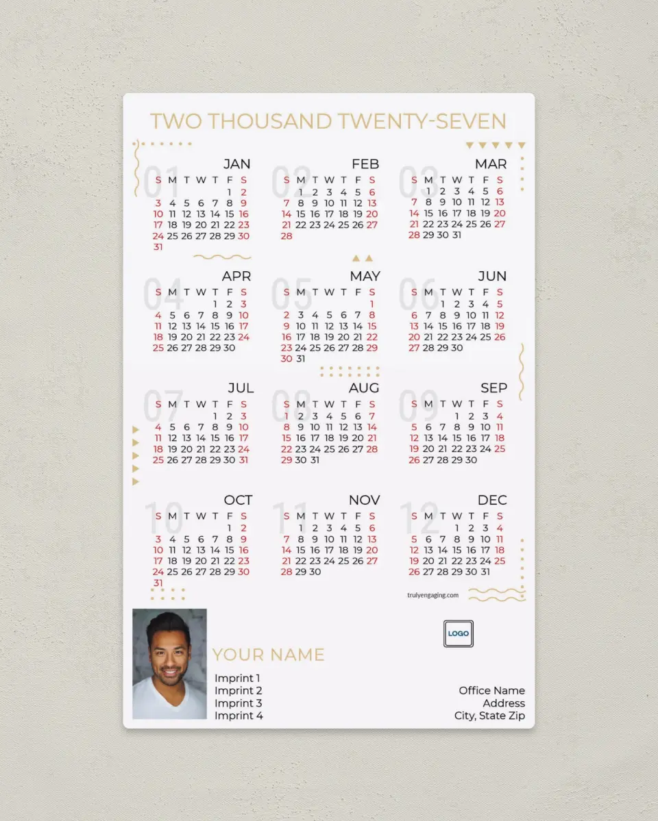 This is a 5½" x 8½" Full Magnet Calendar called Decorative Marks printed in full color with a Standard Gloss finish