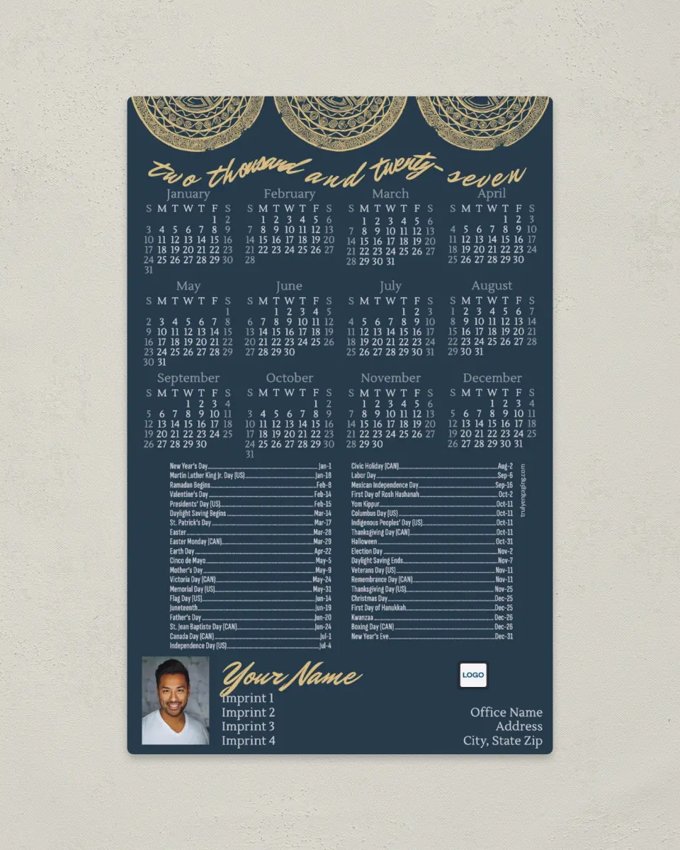 This is a 5½" x 8½" Full Magnet Calendar called Decorative Disk printed in full color with a Standard Gloss finish