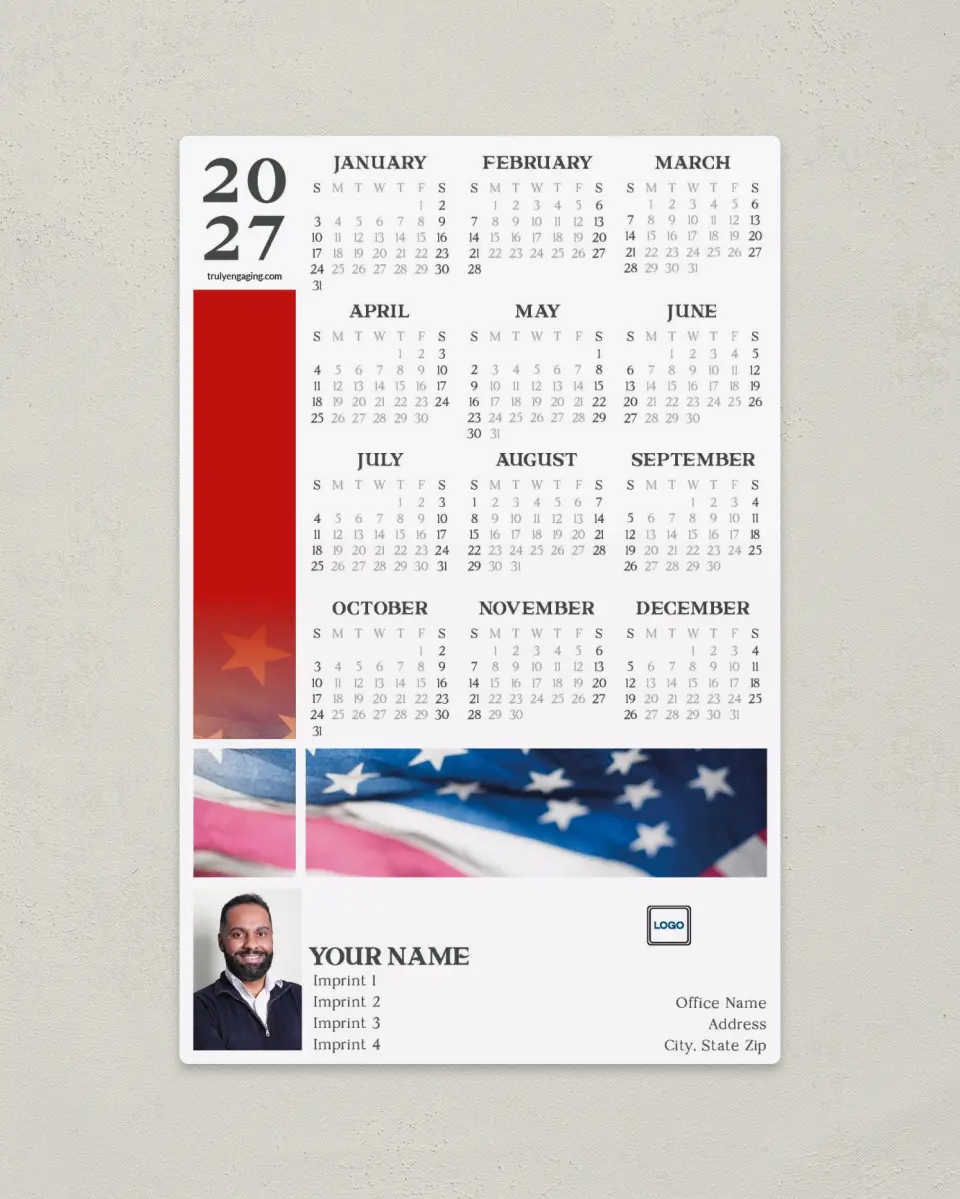 This is a 5½" x 8½" Full Magnet Calendar called Patriotic Gradient printed in full color with a Standard Gloss finish