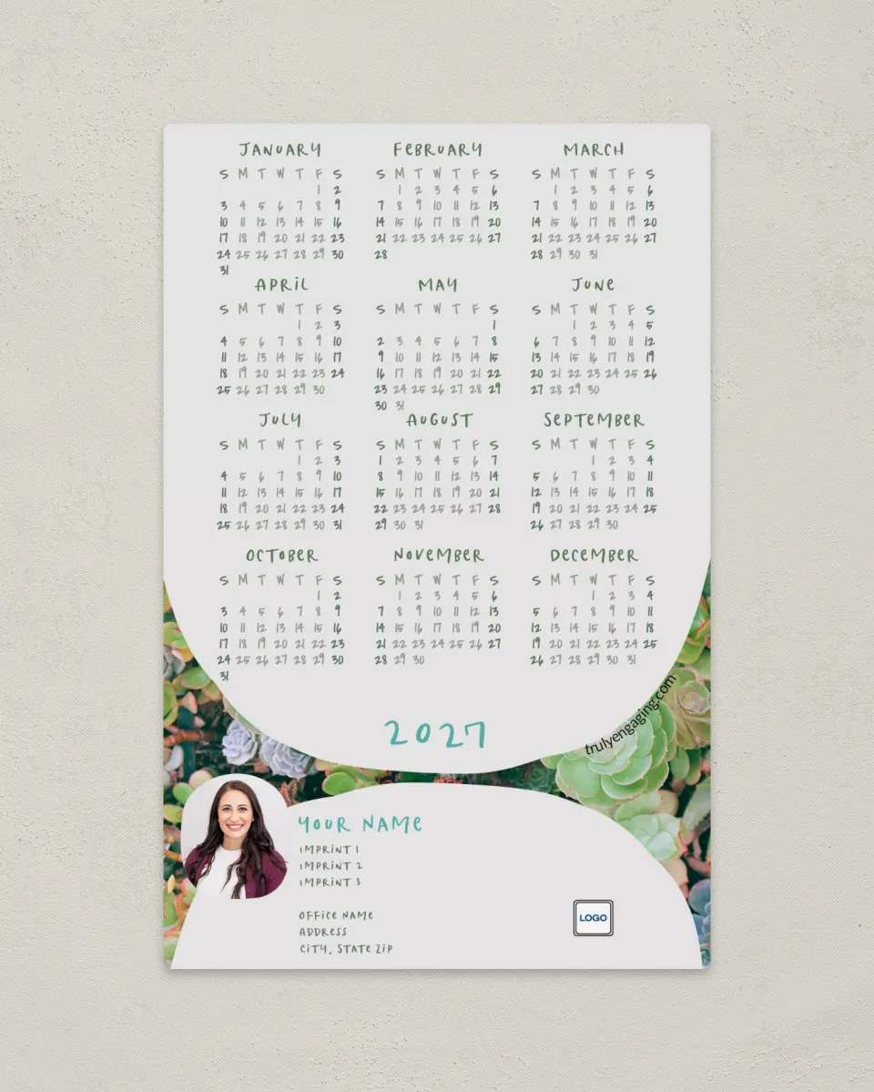 This is a 5½" x 8½" Full Magnet Calendar called Abundant Succulent printed in full color with a Standard Gloss finish