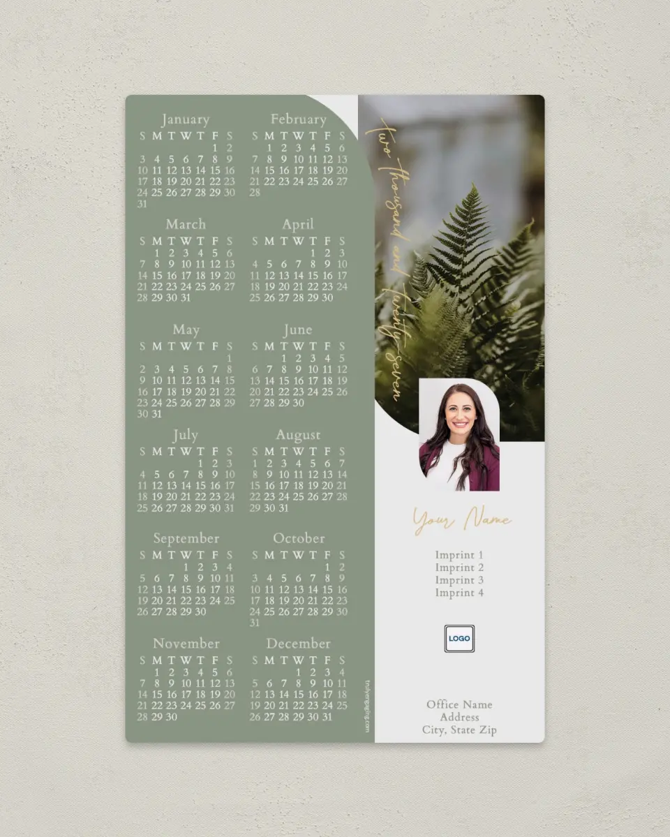 This is a 5½" x 8½" Full Magnet Calendar called Fern Arc printed in full color with a Standard Gloss finish