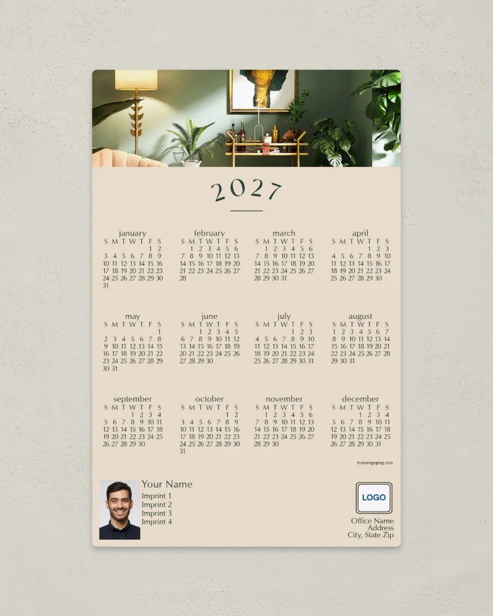 This is a 5½" x 8½" Full Magnet Calendar called Swanky Style printed in full color with a Standard Gloss finish
