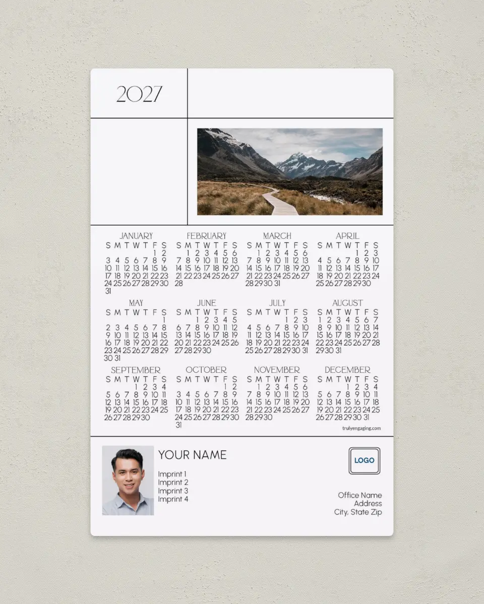 This is a 5½" x 8½" Full Magnet Calendar called Clean Grid printed in full color with a Standard Gloss finish