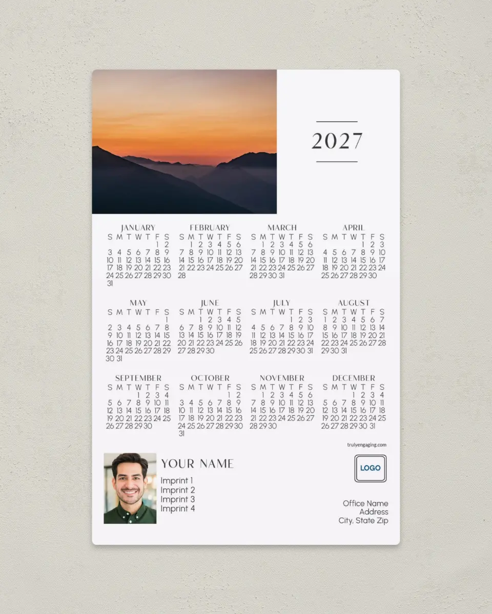 This is a 5½" x 8½" Full Magnet Calendar called Serene Sunrise printed in full color with a Standard Gloss finish