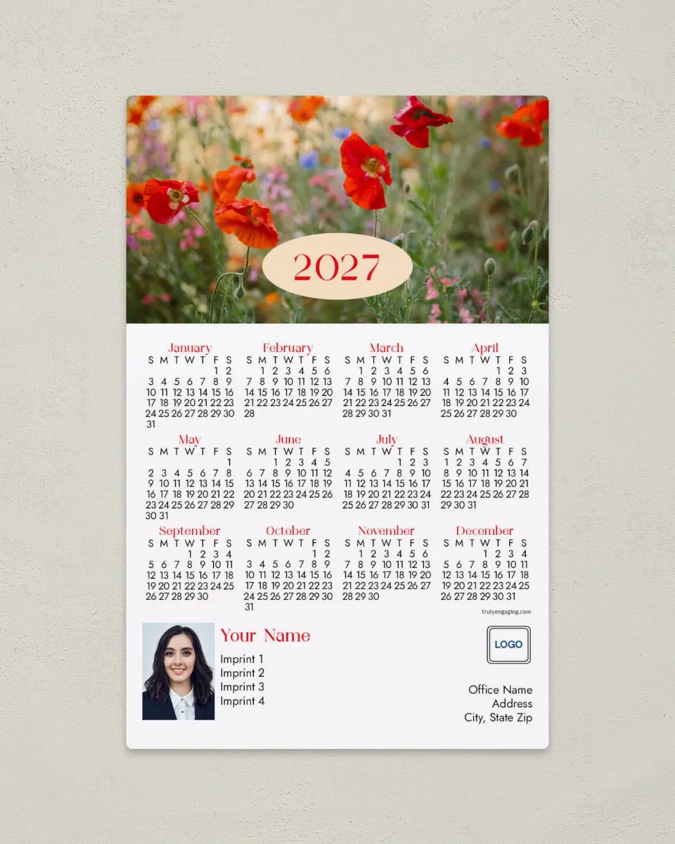 This is a 5½" x 8½" Full Magnet Calendar called Poppy Garden printed in full color with a Standard Gloss finish
